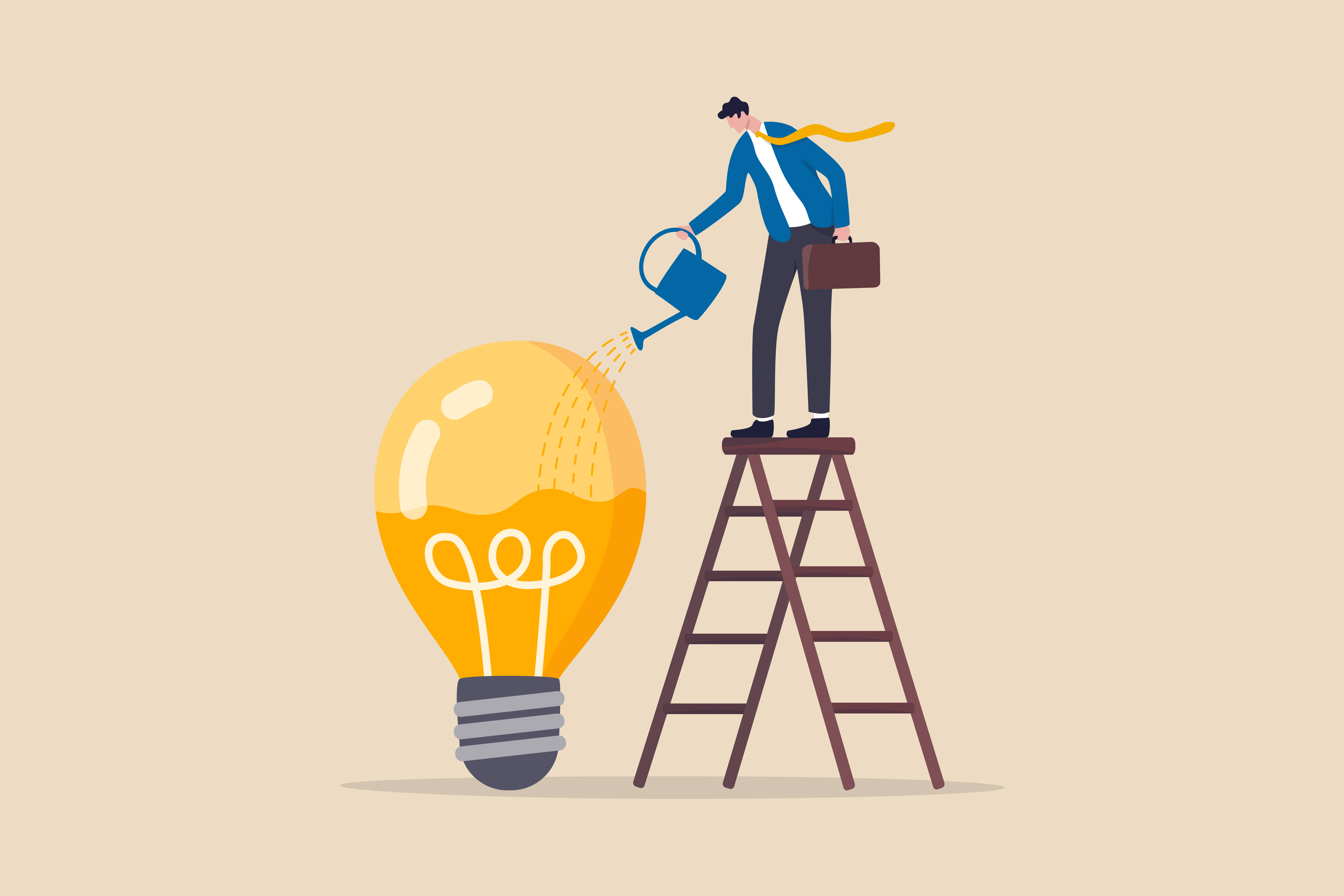 A man standing on a ladder and filling a light bulb with a watering can