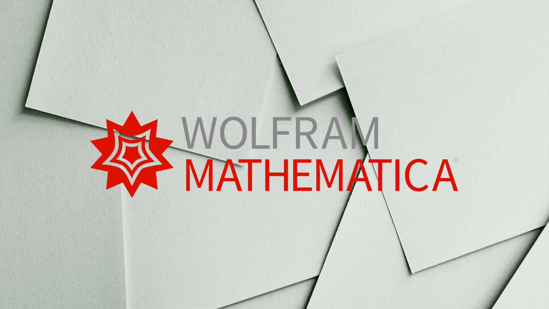 Wolfram Mathematica Logo mit einem Papierstapel als Hintergrund
