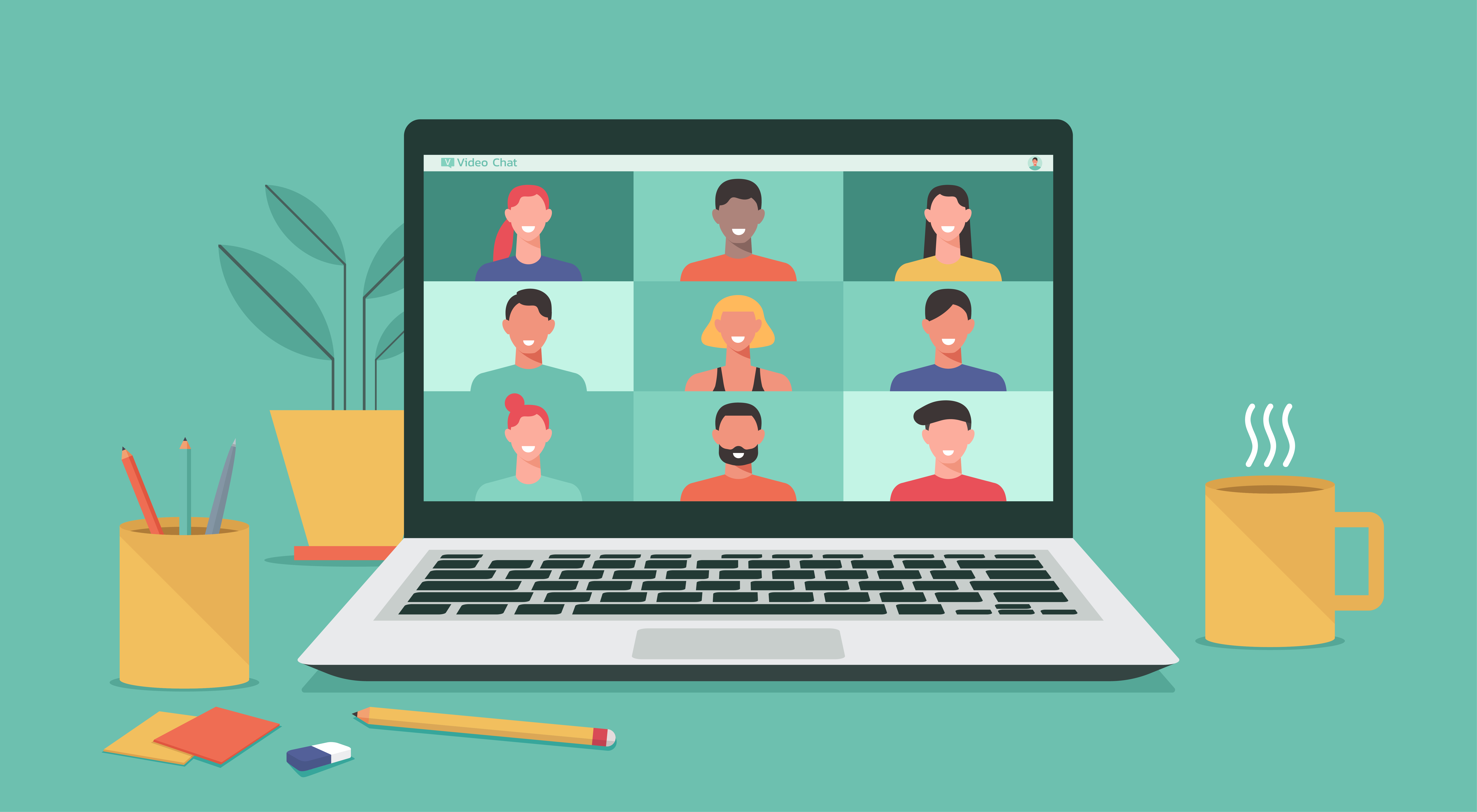 people connect together, learning or meeting online with teleconference, video conference remote working on computer laptop, work from home and anywhere, new normal concept, vector flat