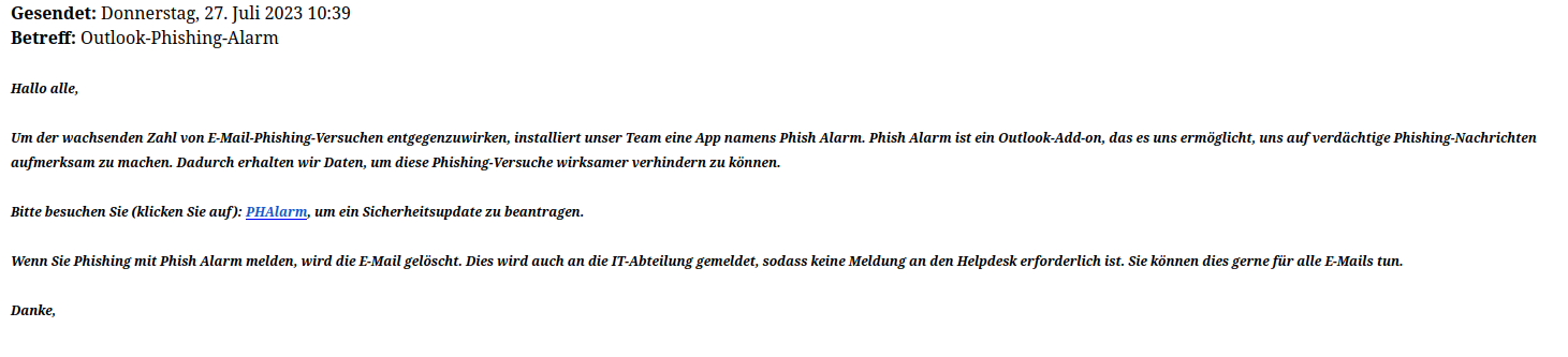 Example screenshot of a phishing email