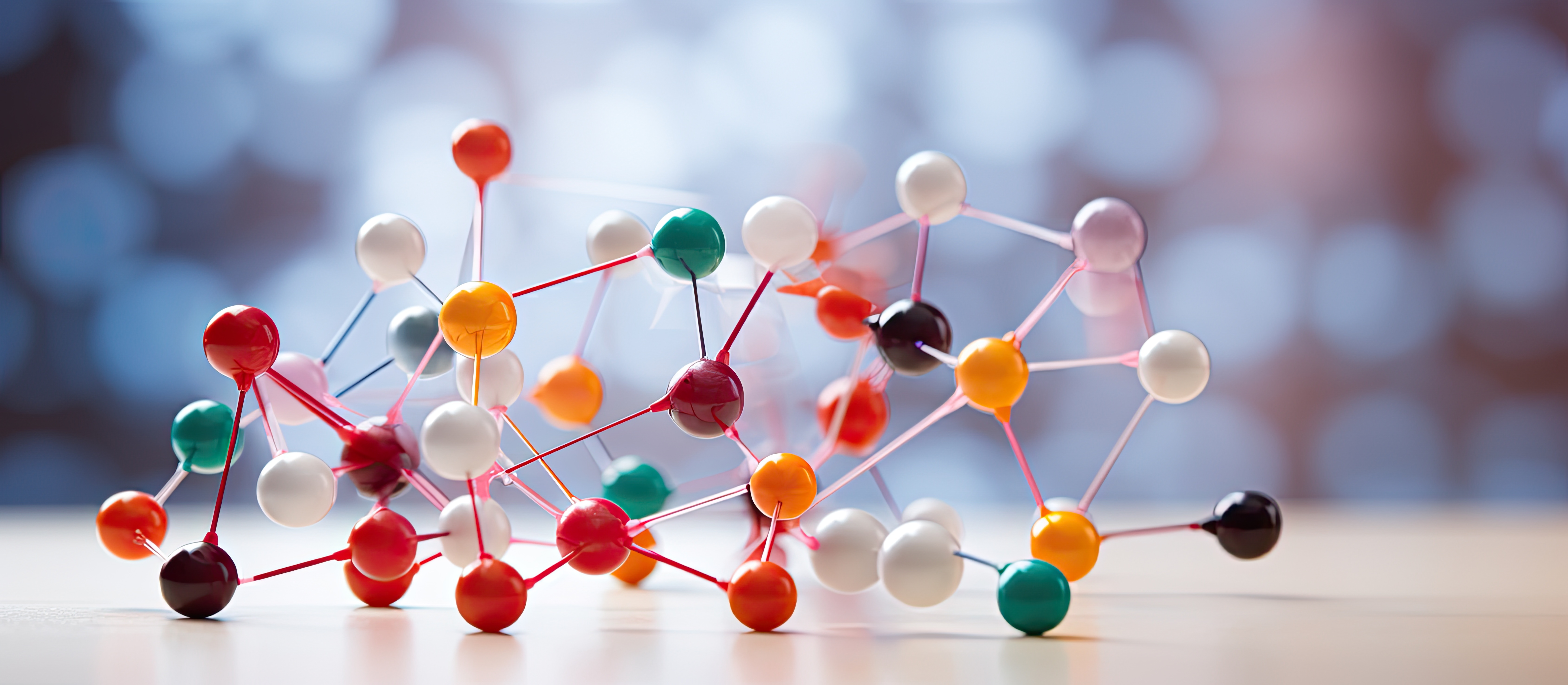 Chemistry education focuses on a colorful model of a molecule made with foam and toothpicks, AI generated